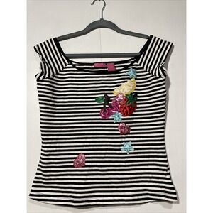 Thalia Sodi Top Womens 1X Black & White Striped sequins Top Beachy Festival